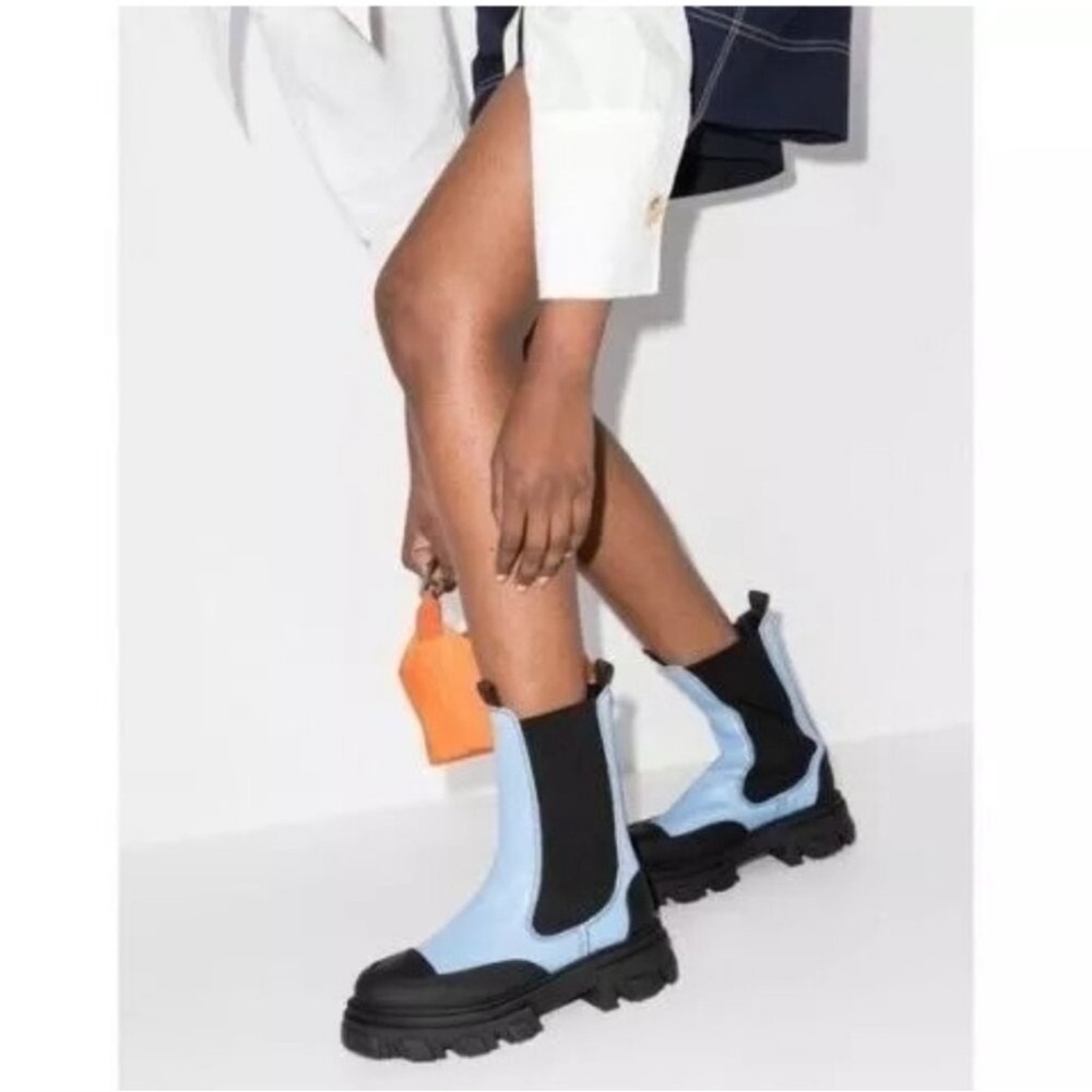 Ganni Light Blue and Black Midi Cakf Chelsea Ankle Boots